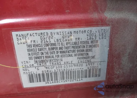 2022 Nissan Sentra Sv Xtronic Cvt из США, поврежденный, VIN 3N1AB8CV1NY229114